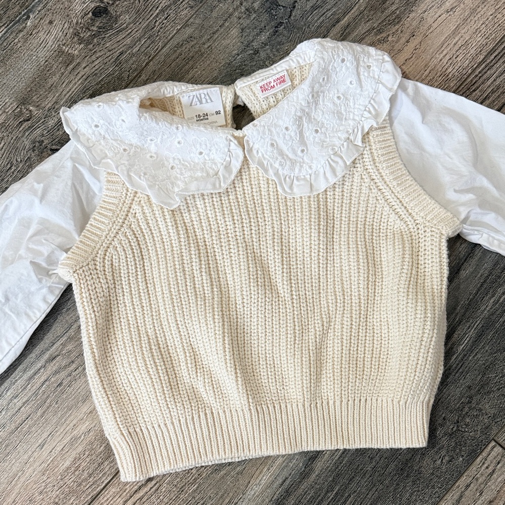 Zara Cream Knit Top with White Collar